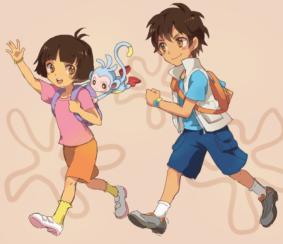 1girl, 2boys, animal, artist_request, backpack, backpack_(dora_the_explorer), bag, blue_shorts