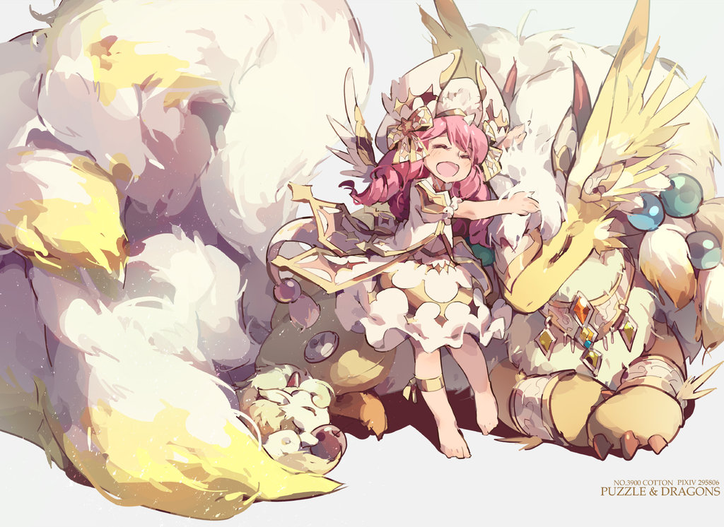1girl, animal, bangs, barefoot, closed_eyes, cotton_(p&amp;d), dragon, dress, drill_hair, hat, hug, long_hair, monster, multiple_tails, open_mouth, pink_hair, puzzle_&amp;_dragons, short_sleeves, smile, tail, tennohi, wings