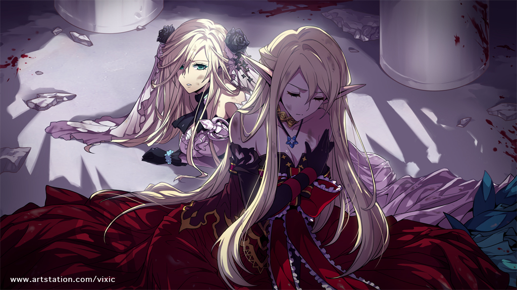 2girls, bare_shoulders, black_gloves, blonde_hair, bloodstain, blue_eyes, breasts, cleavage