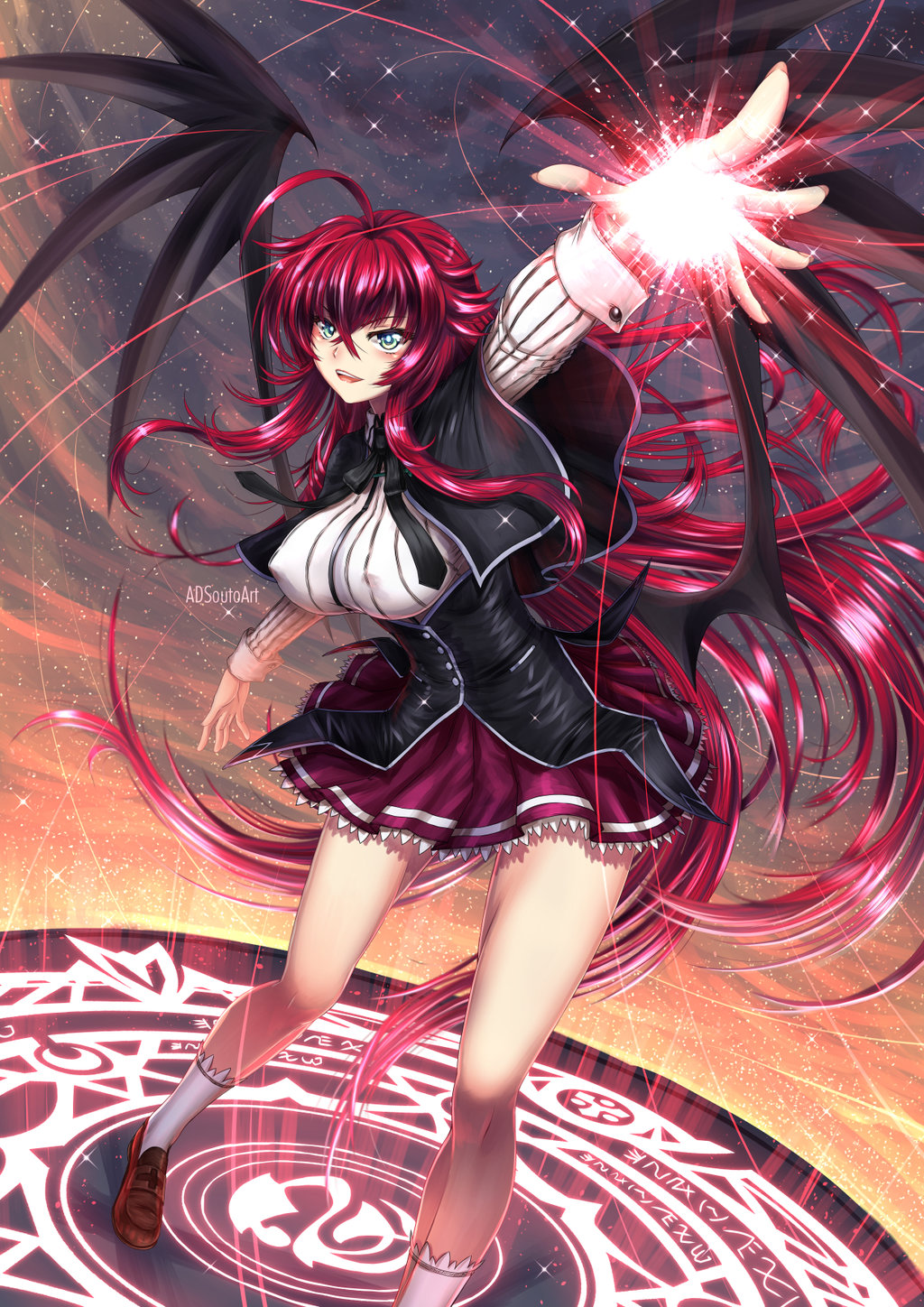1girl, adsouto, bangs, blue_eyes, breasts, covering, covering_breasts, erect_nipples, eyebrows_visible_through_hair, hair_between_eyes, high_school_dxd, high_school_dxd_born, high_school_dxd_infinity, high_school_dxd_new, highres, kuoh_academy_school_uniform, large_breasts, long_hair, looking_at_viewer, redhead, rias_gremory, solo, very_long_hair