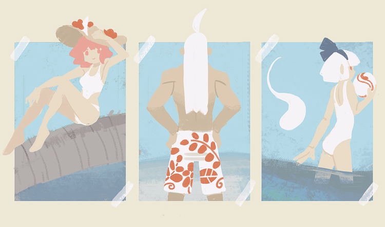 1boy, 2girls, ahoge, alternate_costume, alternate_headwear, arm_at_side, ball, bangs