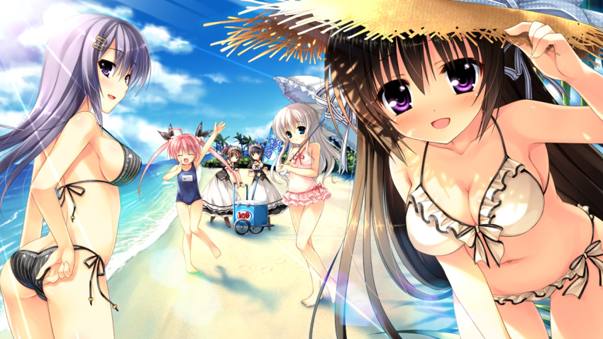 6+girls, adjusting_clothes, adjusting_headwear, adjusting_swimsuit, ahoge, akiyoshi_nekoko, apron, ass, bangs, barefoot, beach, bikini, black_bikini, black_dress, black_hair, black_ribbon, blue_eyes, blue_hair, blue_ribbon, blue_sky, blue_swimsuit, breasts, brown_hair, brown_hat, cleavage, closed_eyes, clouds, cloudy_sky, day, dress, eyebrows_visible_through_hair, frilled_bikini, frilled_swimsuit, frills, front-tie_bikini, front-tie_top, game_cg, hair_ornament, hair_ribbon, hairclip, hat, hat_ribbon, holding, holding_umbrella, kashima_hibari, kashima_tsugumi, koiiro_marriage, leaning_forward, long_dress, long_hair, looking_at_viewer, looking_back, luriastis_t_mikuriya, maid, maid_apron, maid_headdress, medium_breasts, morikawa_mihono, multiple_girls, name_tag, one-piece_swimsuit, open_mouth, outdoors, palm_tree, parasol, pink_hair, pink_swimsuit, ribbon, sasorigatame, school_swimsuit, shadow, short_twintails, side-tie_bikini, sideboob, silver_hair, sky, smile, standing, standing_on_one_leg, straw_hat, striped, sun_hat, swimsuit, takamiya_kuon, thigh_gap, tree, twintails, umbrella, vertical-striped_bikini, vertical_stripes, violet_eyes, waving, white_apron, white_bikini, white_umbrella