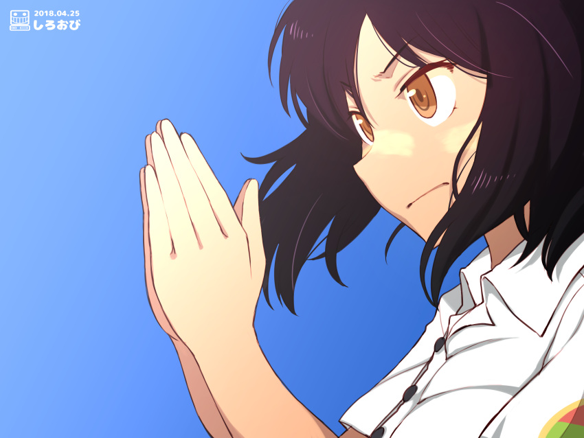 1girl, absurdres, artist_name, aung_(girls_und_panzer), bangs, black_hair, blue_background, closed_mouth