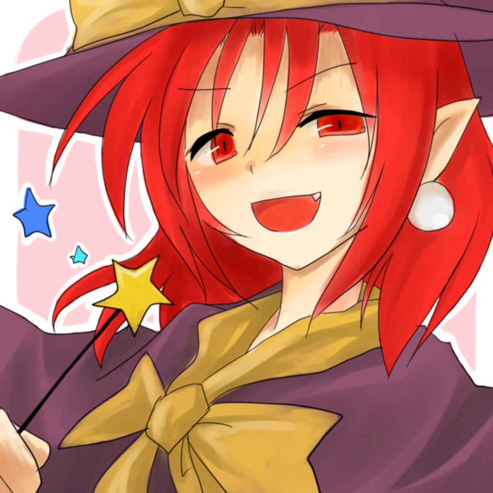 fang, hat, jewelry, kirisame_marisa, kirisame_marisa_(pc-98), pointy_ears, red_eyes, red_hair, redhead, suna_kiririto, touhou, touhou_(pc-98), wand, witch_hat