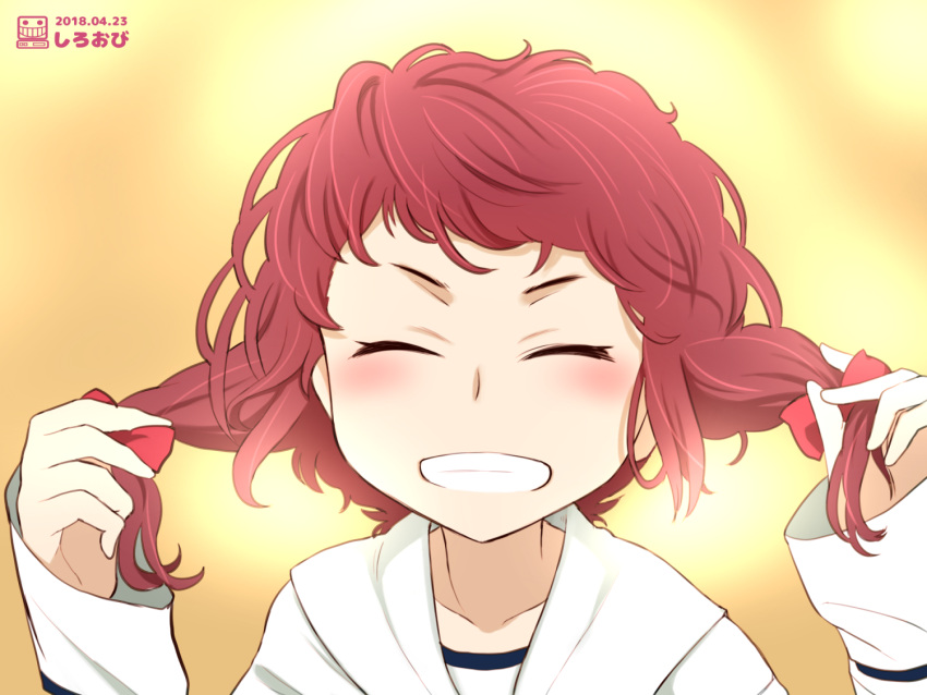 1girl, adjusting_hair, alternate_hairstyle, artist_name, bangs, blouse, bow, bunching_hair