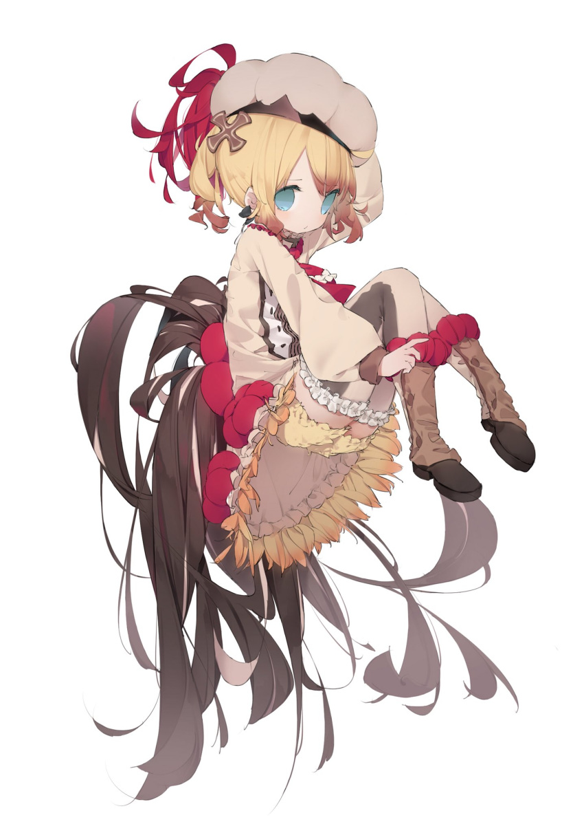1girl, bangs, black_bow, black_footwear, blonde_hair, bloomers, blue_eyes, blush