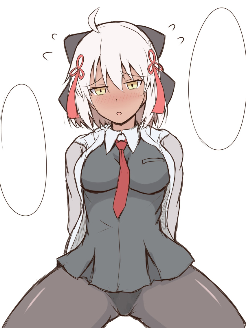 1girl, :o, absurdres, ahoge, bangs, black_bow, black_dress, black_legwear