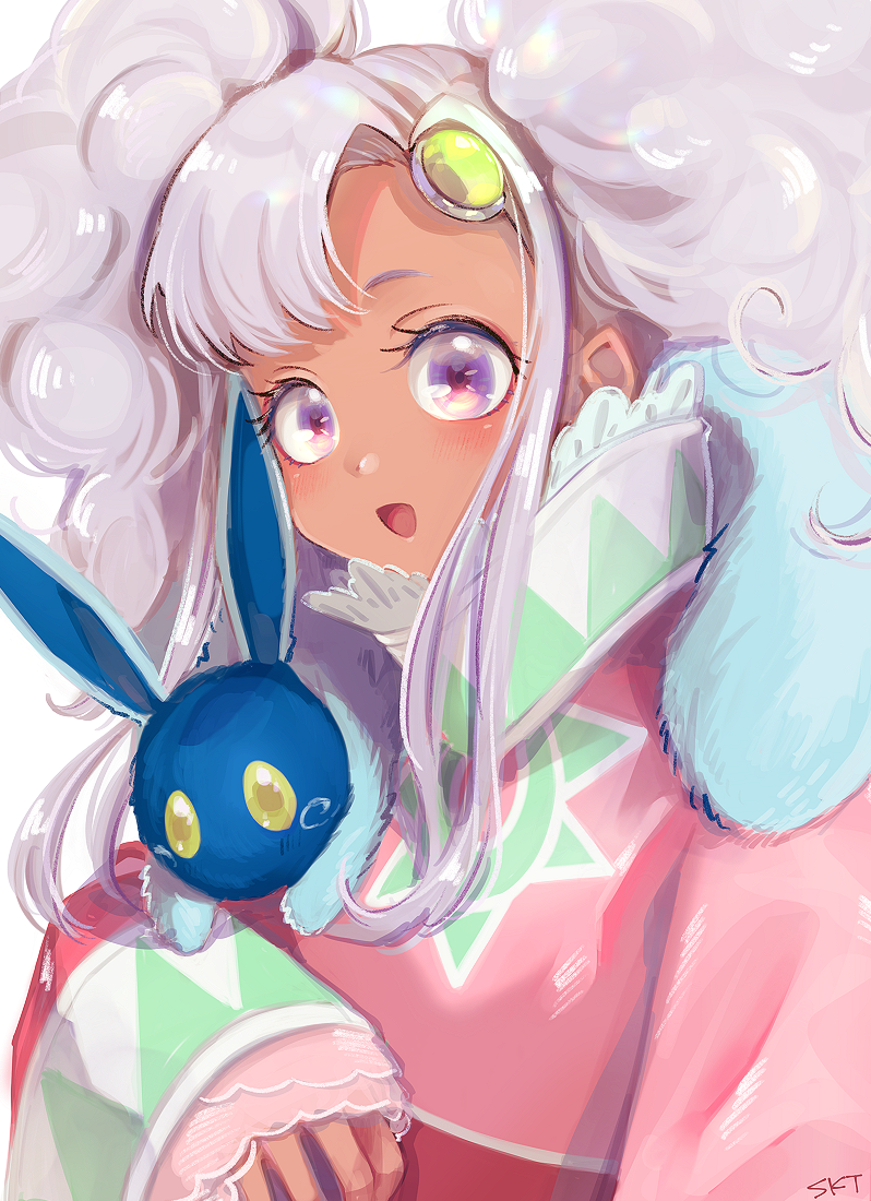 1girl, :d, blush, creature, dark_skin, long_hair, long_sleeves, looking_at_viewer