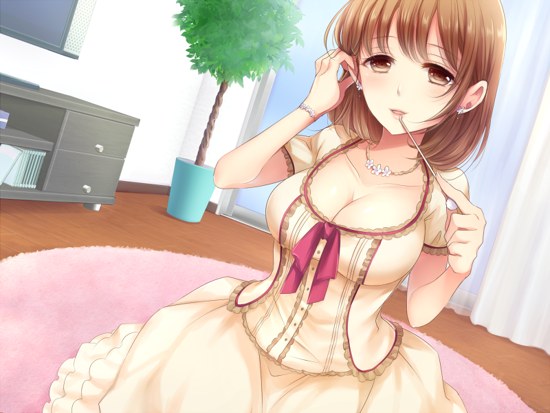 1girl, adjusting_hair, blush, bracelet, breasts, brown_eyes, brown_hair, cleavage