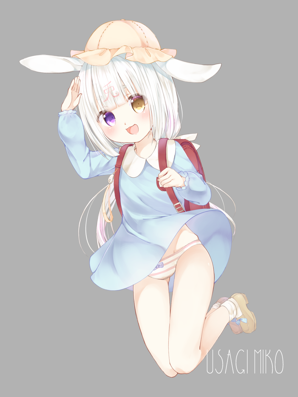 1girl, :d, animal_ears, arm_up, artist_name, backpack, bag, bangs