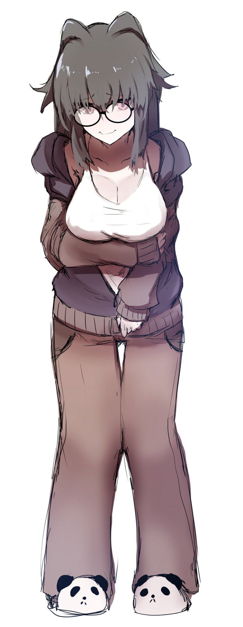 1girl, absurdres, animal_slippers, bangs, black-framed_eyewear, black_hair, black_jacket, breast_hold