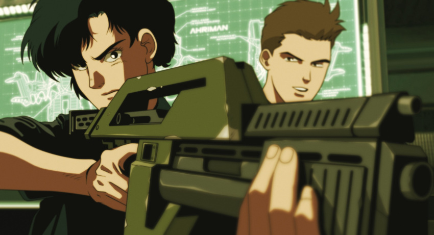 1boy, 1girl, ahriman_(artist), aiming_at_viewer, aliens, black_eyes, black_hair, brown_hair, colonial_marine, colonial_marines, damaged, diagram, dwayne_hicks, ellen_ripley, exoskeleton, fake_screenshot, highres, holographic_interface, looking_at_viewer, m41a_pulse_rifle, mecha, pincers, power_loader, science_fiction, screen, serious, short_hair, signature, upper_body, when_you_see_it