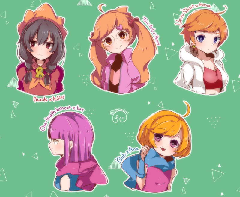 5girls, ahoge, alternate_hairstyle, ana_(warioware), ashley_(warioware), bangs, black_hair, black_shirt