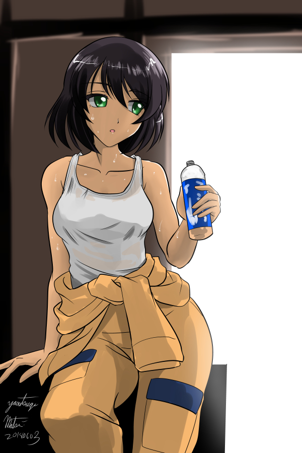 1girl, arm_support, artist_name, backlighting, bottle, brown_hair, collarbone, commentary