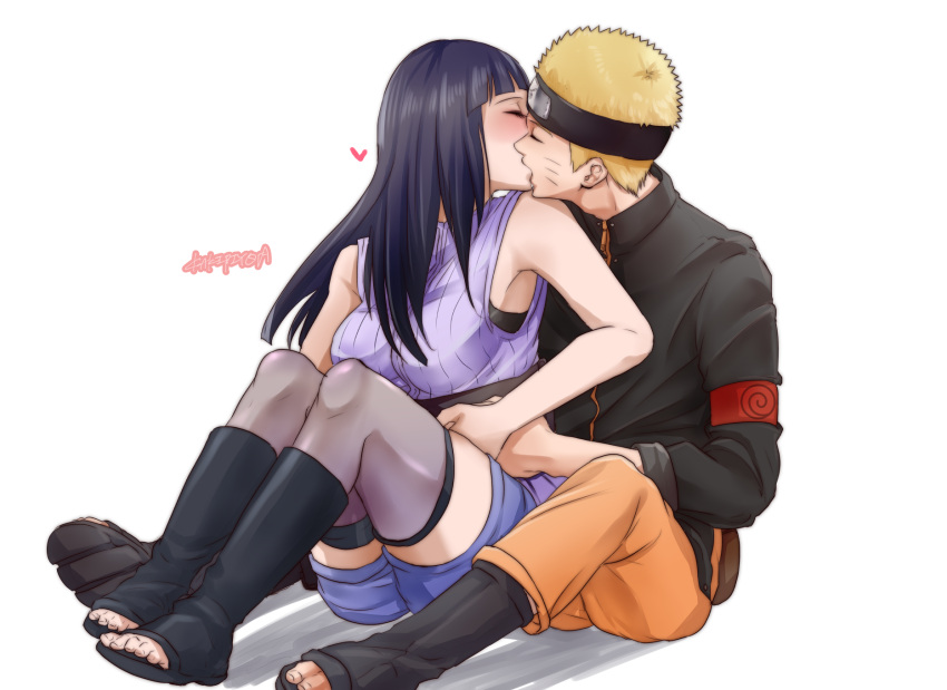 1boy, 1girl, artist_name, bangs, black_footwear, black_hair, black_jacket, black_legwear, blonde_hair, blunt_bangs, blush, boots, closed_eyes, couple, forehead_protector, hand_holding, heart, hetero, highres, hug, hug_from_behind, husband_and_wife, hyuuga_hinata, jacket, kaki_piyo, kiss, long_hair, long_sleeves, looking_back, naruto, open_toe_boots, orange_pants, purple_shirt, purple_shorts, ribbed_shirt, shadow, shirt, shorts, signature, simple_background, sitting, sleeveless, sleeveless_shirt, thigh-highs, uzumaki_naruto, whisker_markings, white_background, zipper
