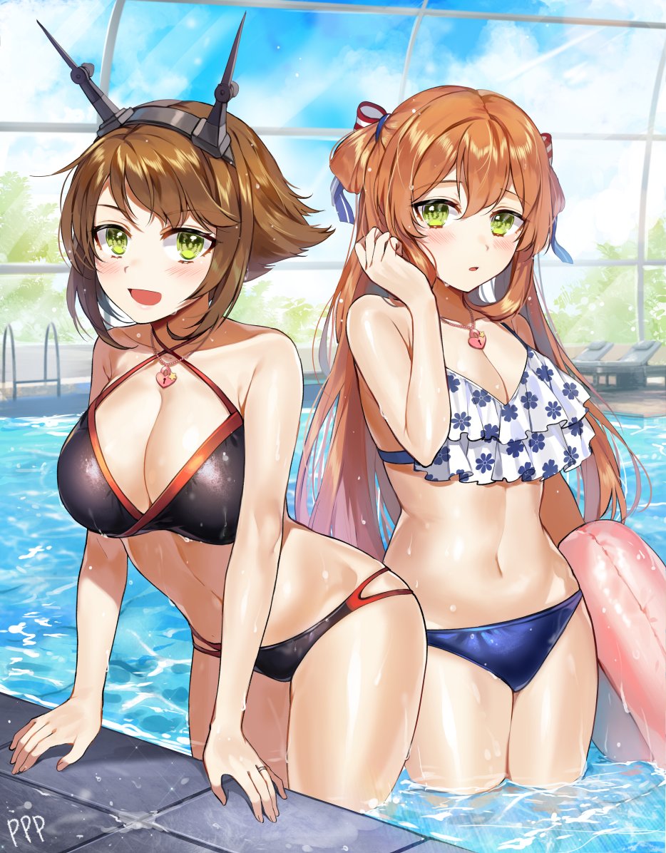 2girls, bikini, black_bikini, blue_bikini, blush, breasts, brown_hair, cleavage