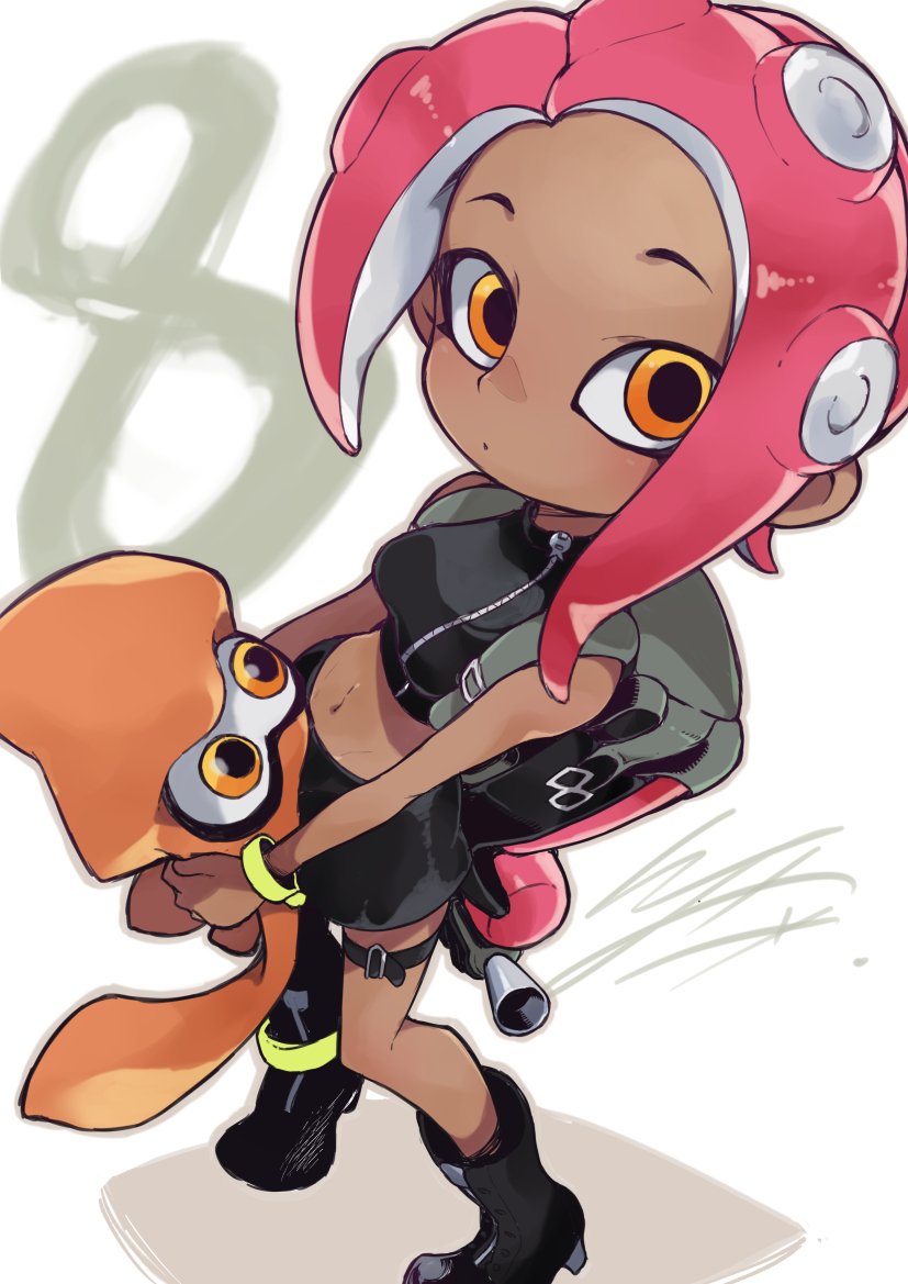 1girl, agent_8, asymmetrical_legwear, bag, boots, breasts, dark_skin, full_body