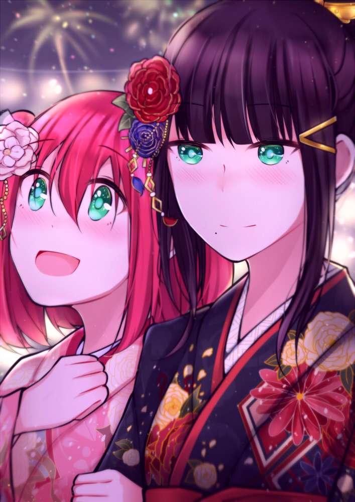 2girls, aiwairanai, aqua_eyes, black_hair, commentary, fireworks, hair_flower, japanese_clothes