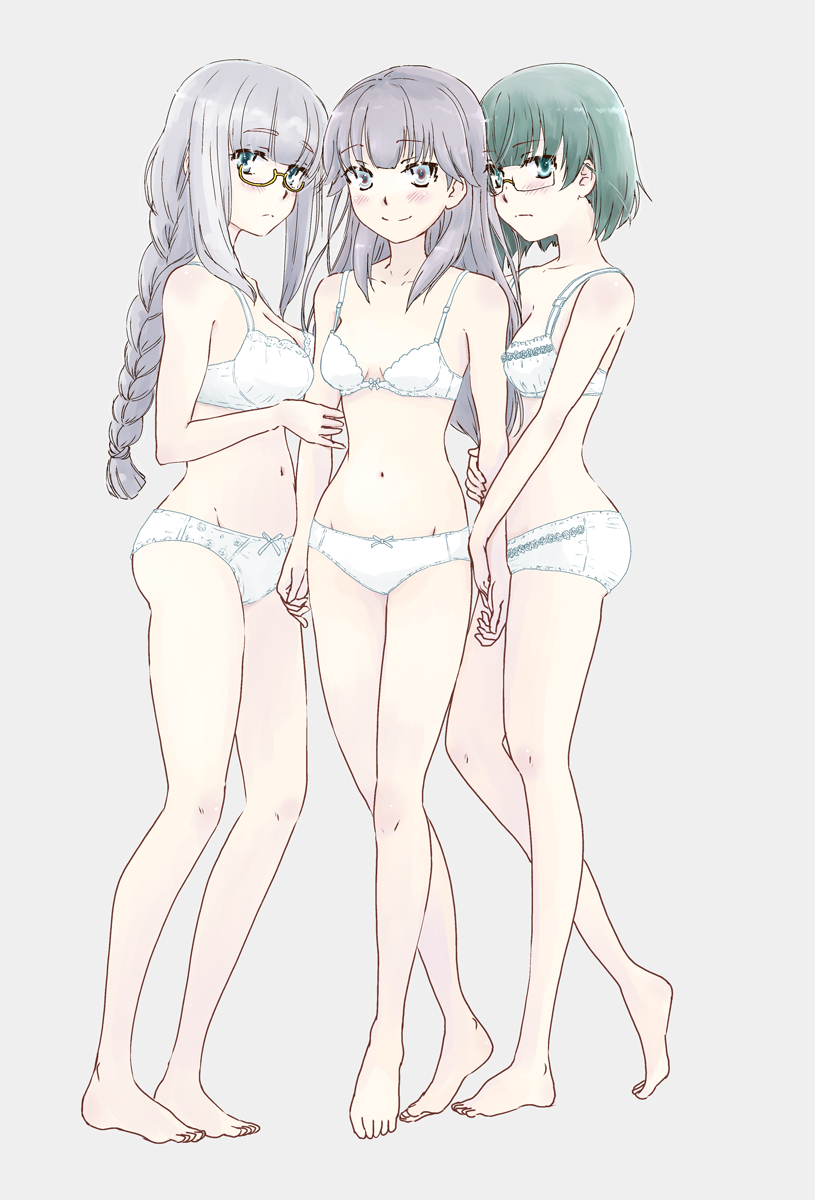 3girls, arm_grab, bangs, black_hair, blue_eyes, bow, bow_bra, bow_panties