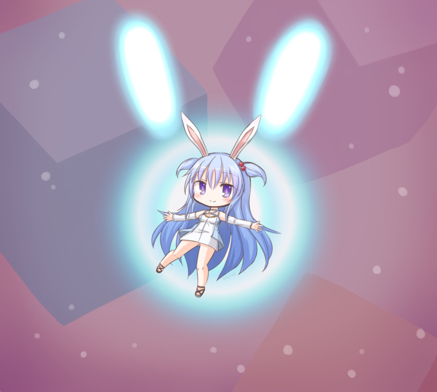 1girl, animal_ears, blue_hair, blush, chibi, commentary, detached_sleeves, dress