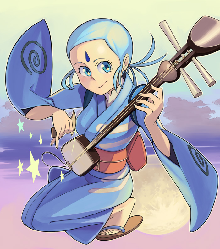 blue_hair, bowieknife, facial_mark, forehead_mark, guitar, instrument, japanese_clothes, kimono, moon, oedo_rocket, sandals, smile, sora_(oedo_rocket)