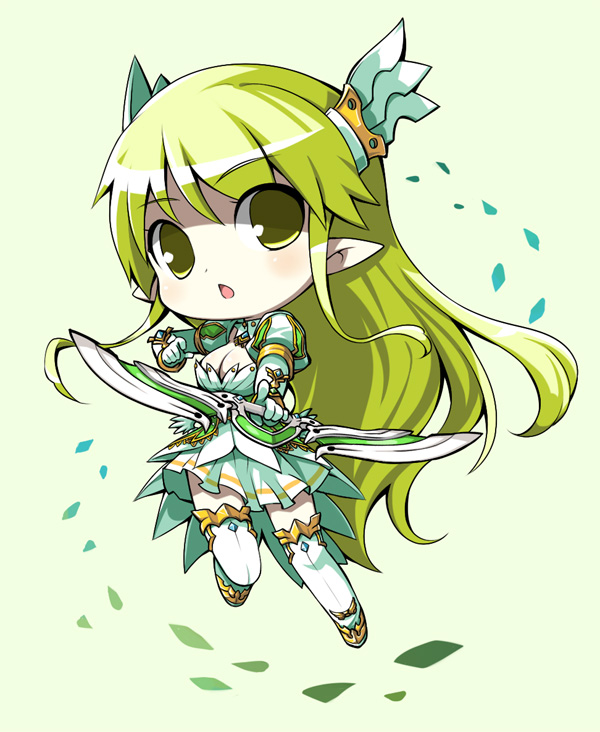 1girl, chibi, elf, elsword, grand_archer_(elsword), hair_ornament, leaf, long_hair