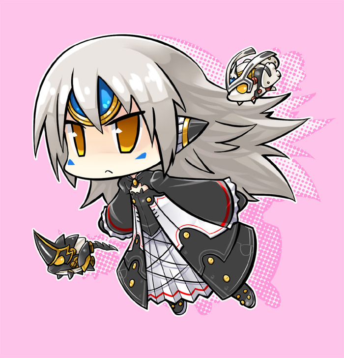 1girl, chibi, code:_exotic_(elsword), elsword, eve_(elsword), facial_mark, forehead_jewel, long_hair