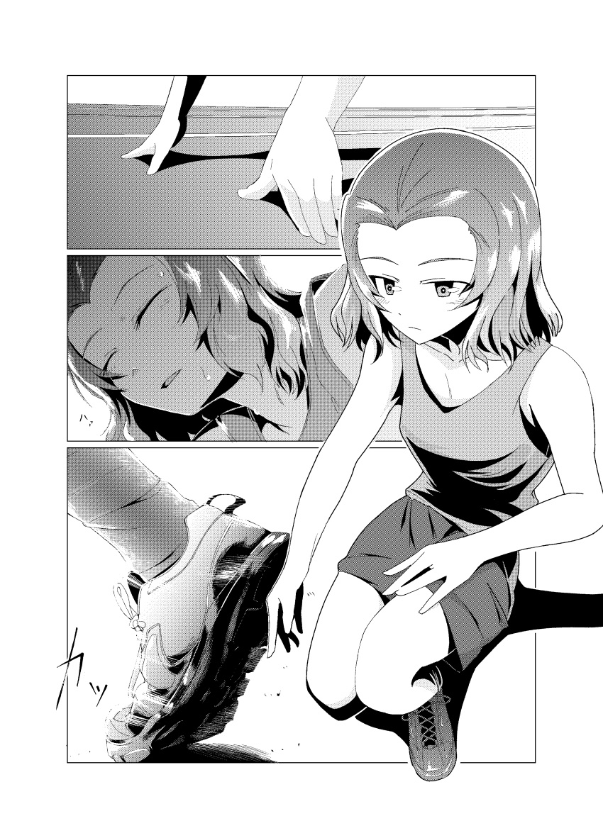 absurdres, comic, girls_und_panzer, highres, moku_x_moku, monochrome, rosehip, shoes