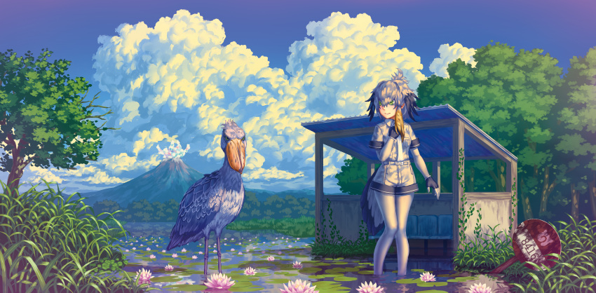 1girl, absurdres, animal, arm_at_side, bangs, belt, bird, bird_tail