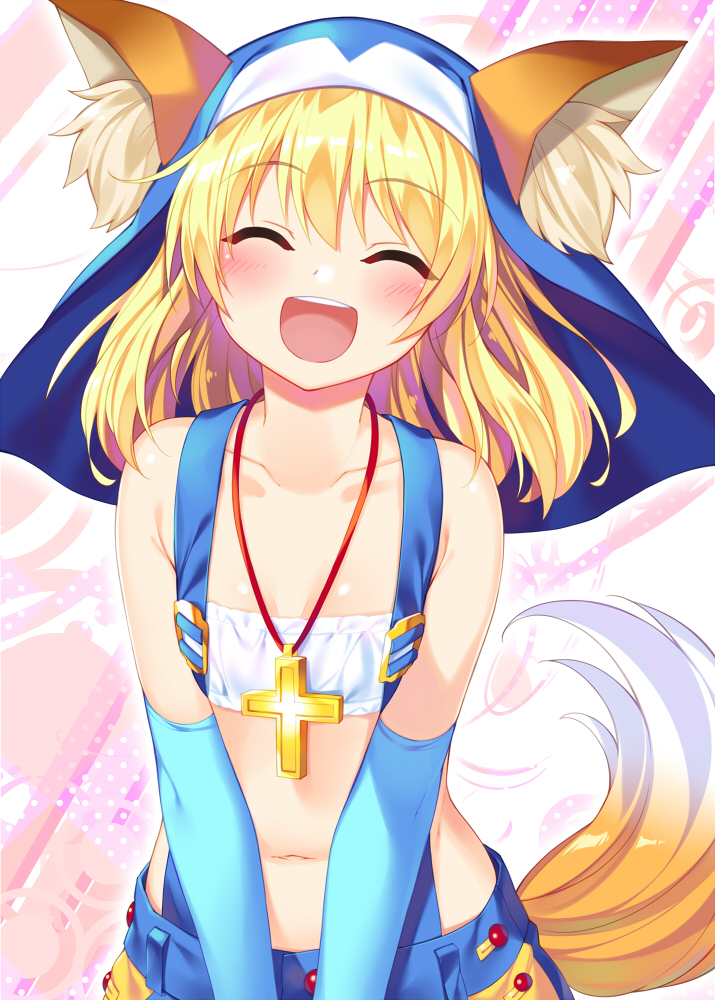 1girl, :d, animal_ears, blonde_hair, blue_gloves, blush, bra, bucchake_(asami)