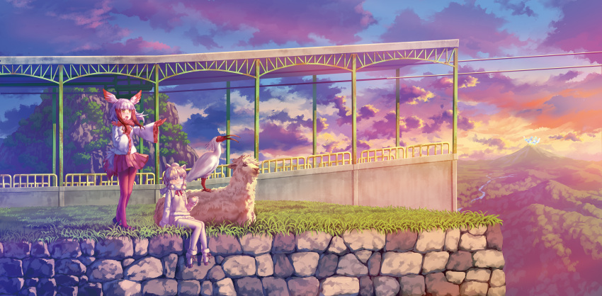 2girls, absurdres, alpaca, alpaca_ears, alpaca_suri_(kemono_friends), animal, animal_ears, arm_at_side