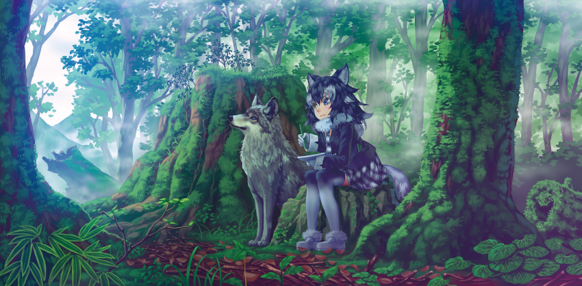 1girl, absurdres, animal_ears, black_hair, black_legwear, black_skirt, blue_eyes, blush
