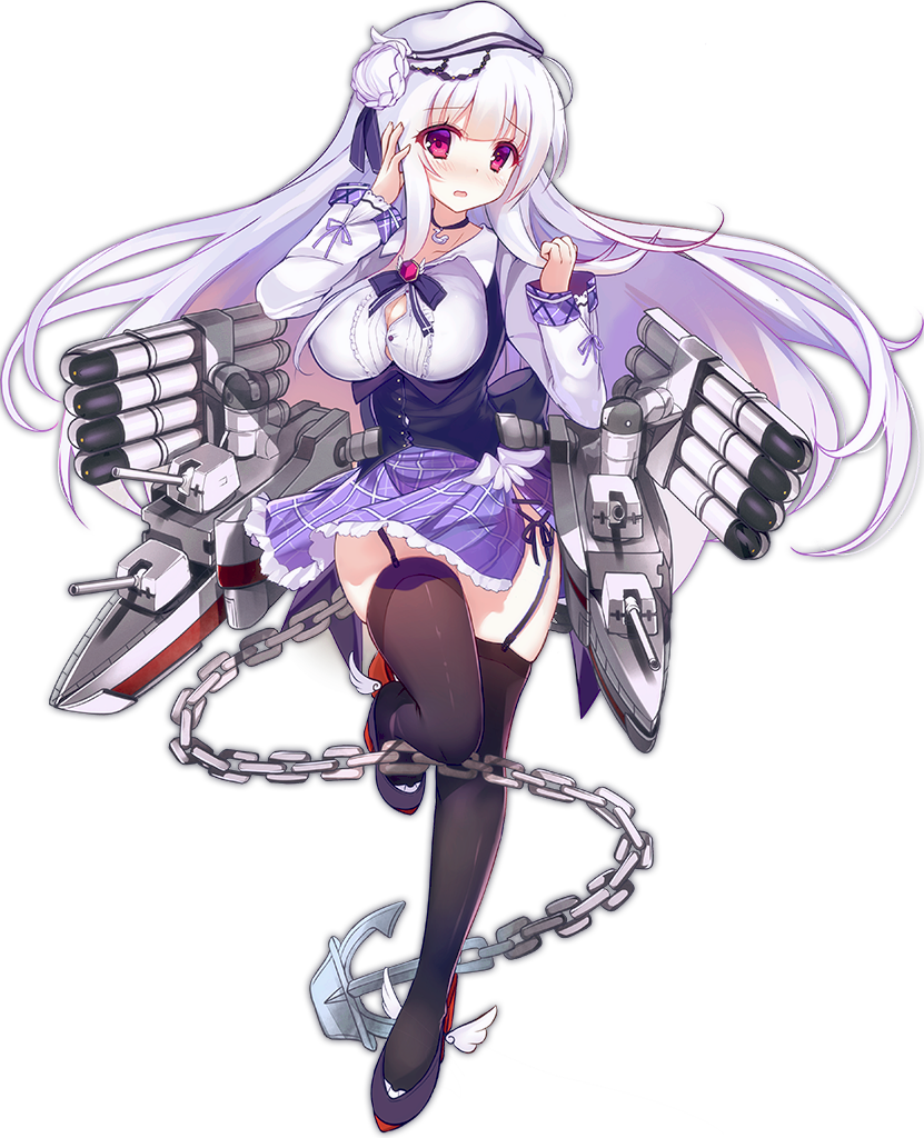 1girl, anchor, azur_lane, bangs, black_legwear, black_ribbon, black_vest, blush, breasts, bursting_breasts, chains, choker, cleavage, collared_shirt, cygnet_(azur_lane), double_bun, embarrassed, eyebrows_visible_through_hair, full_body, garter_straps, hand_on_own_face, hat, hecha_(swy1996228), large_breasts, long_hair, long_sleeves, looking_at_viewer, machinery, neck_ribbon, official_art, parted_lips, red_eyes, remodel_(azur_lane), ribbon, shirt, skindentation, skirt, solo, standing, standing_on_one_leg, tachi-e, thigh-highs, torpedo, torpedo_tubes, transparent_background, vest, white_hair, white_shirt
