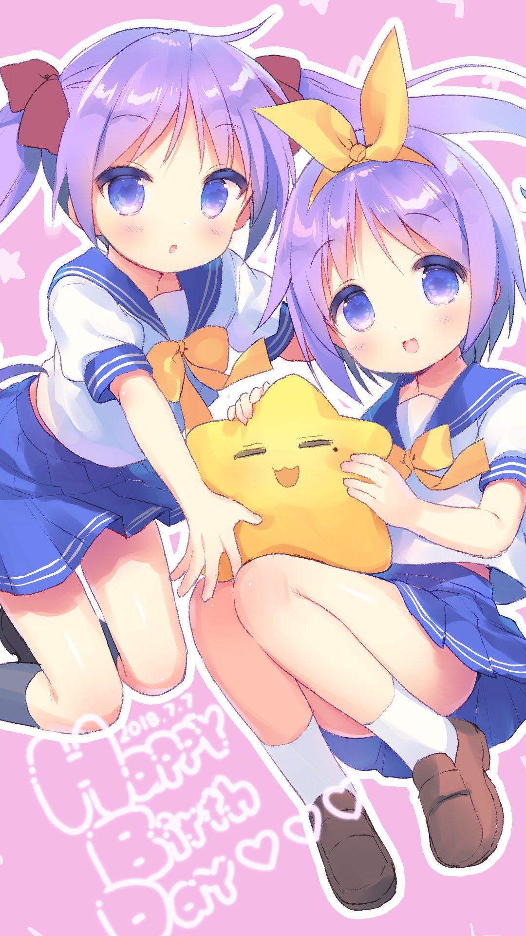 2girls, :d, bangs, black_legwear, blue_sailor_collar, blue_skirt, blush, bow