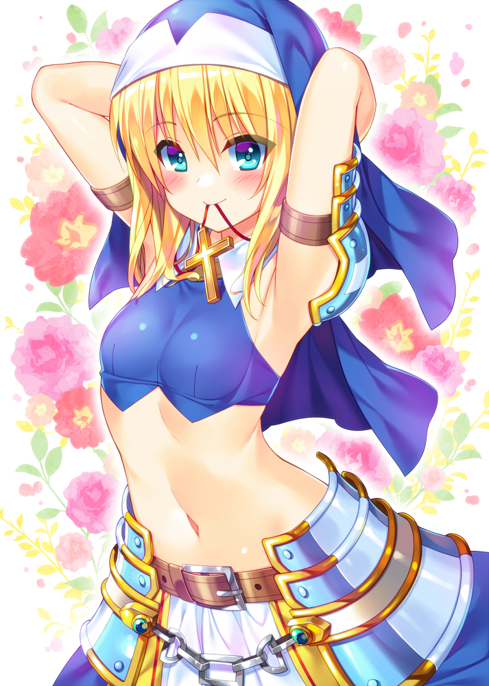 1girl, armlet, armor, armpits, arms_up, belt, blonde_hair, blue_eyes