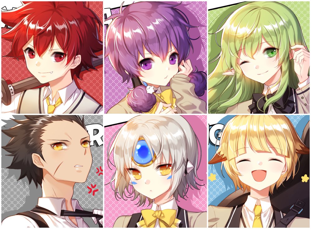 3boys, 3girls, aisha_(elsword), chilling_hedgehog_(elsword), chung_seiker, elf, elsword, elsword_(character), eve_(elsword), facial_mark, fang, forehead_jewel, milkmyoya, multiple_boys, multiple_girls, pointy_ears, raven_(elsword), rena_(elsword), scar, tagme, uniform