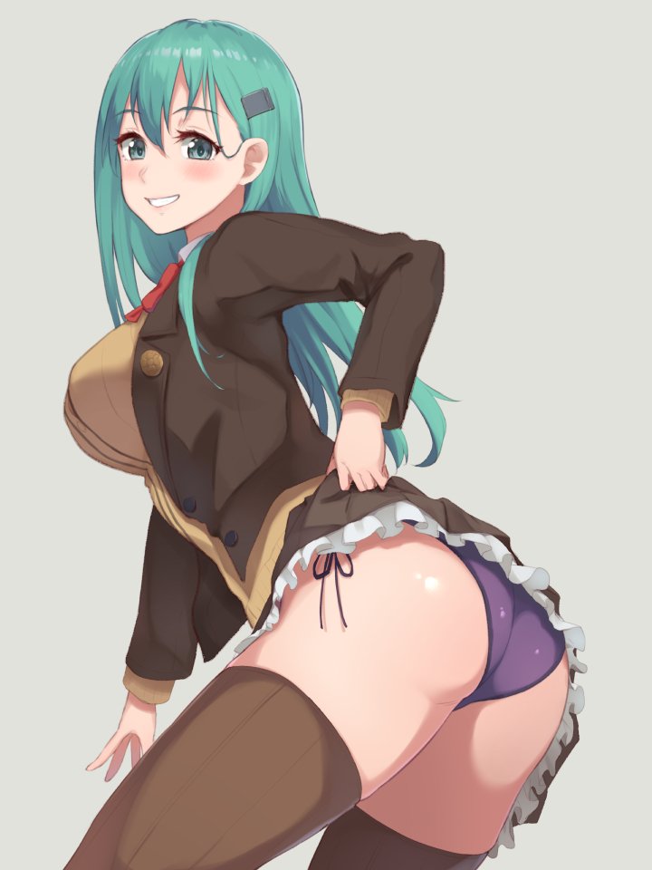 1girl, aqua_eyes, aqua_hair, ass, assisted_exposure, blush, bow, bowtie