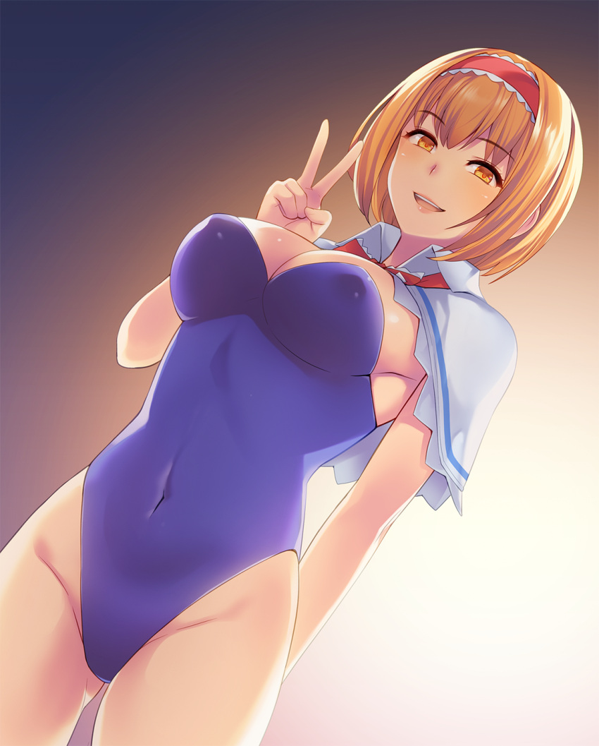 1girl, alice_margatroid, blush, breasts, brown_eyes, brown_hair, cleavage, cookie_(touhou)