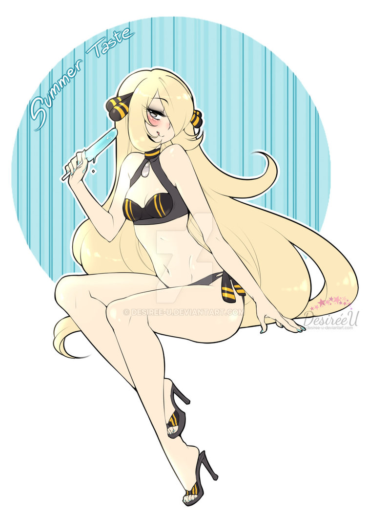1girl, artist_name, bikini, blonde_hair, blue_nails, blush, breasts, cleavage, desireeu, eyeshadow, food, full_body, hair_over_one_eye, high_heels, kawaiikittyx3, licking_lips, long_hair, looking_at_viewer, makeup, nail_polish, navel, pokemon, pokemon_(game), pokemon_dppt, popsicle, shirona_(pokemon), small_breasts, solo, swimsuit, toenail_polish, toes, tongue, tongue_out, watermark