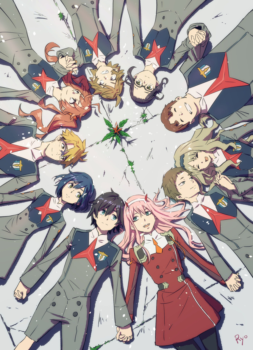 5boys, 5girls, absurdres, ahoge, bangs, black_hair, black_legwear, blonde_hair, blue_eyes, blue_hair, blue_hairband, brown_eyes, brown_hair, closed_eyes, commentary_request, couple, darling_in_the_franxx, fangs, flower, futoshi_(darling_in_the_franxx), glasses, gorou_(darling_in_the_franxx), green_eyes, hair_ornament, hairband, hairclip, hand_holding, hetero, high_ponytail, highres, hiro_(darling_in_the_franxx), horns, ichigo_(darling_in_the_franxx), ikuno_(darling_in_the_franxx), interlocked_fingers, kokoro_(darling_in_the_franxx), light_brown_hair, long_hair, long_sleeves, looking_at_another, lying, miku_(darling_in_the_franxx), military, military_uniform, mitsuru_(darling_in_the_franxx), multiple_boys, multiple_girls, necktie, on_back, oni_horns, orange_neckwear, pantyhose, petals, pink_hair, ponytail, purple_hair, red_horns, red_neckwear, redhead, ryochindempa, short_hair, thick_eyebrows, twintails, uniform, white_hairband, white_hairclip, yellow_eyes, zero_two_(darling_in_the_franxx), zorome_(darling_in_the_franxx)