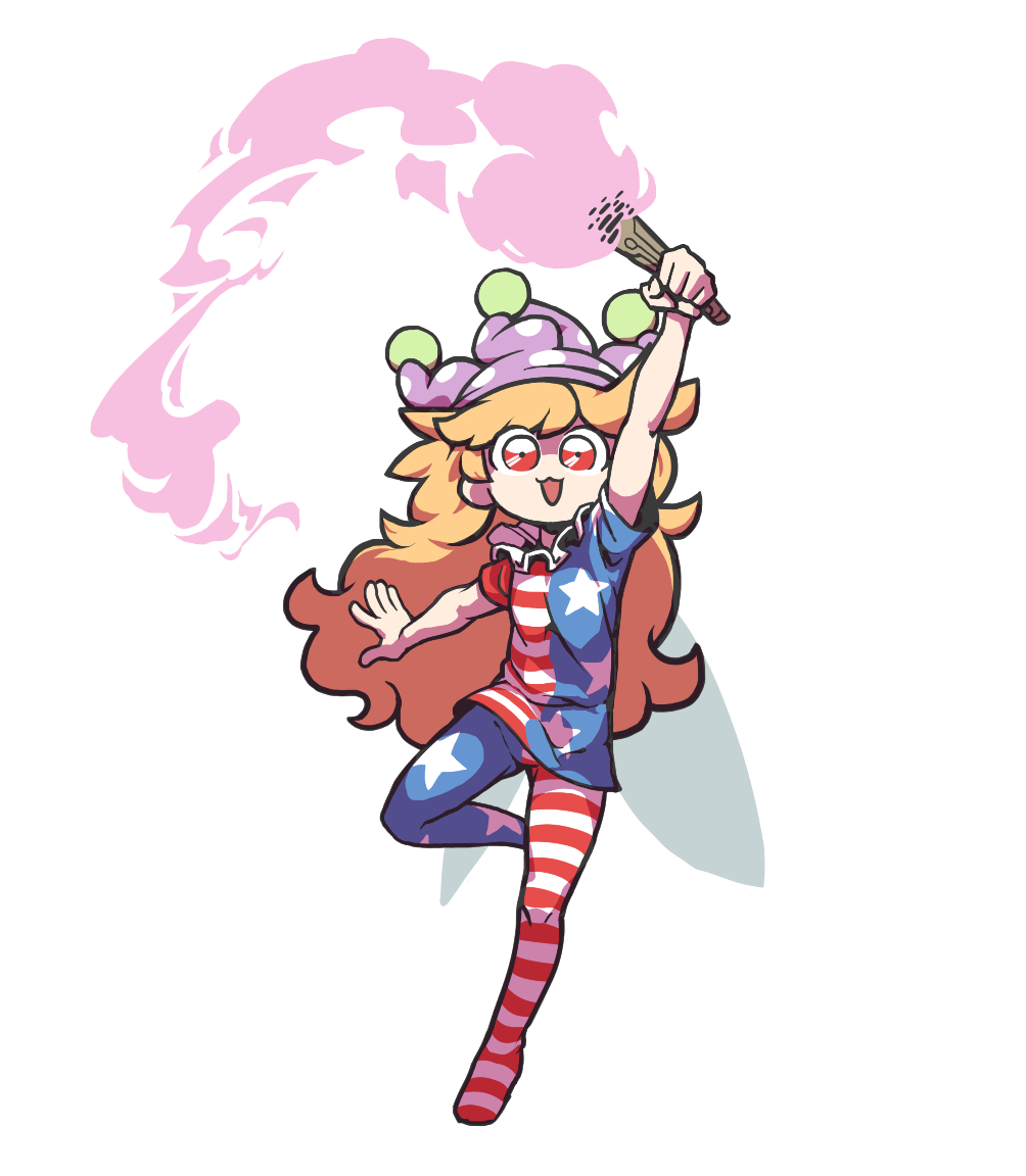 1girl, american_flag_legwear, american_flag_shirt, arm_up, bangs, blonde_hair, clownpiece, commentary