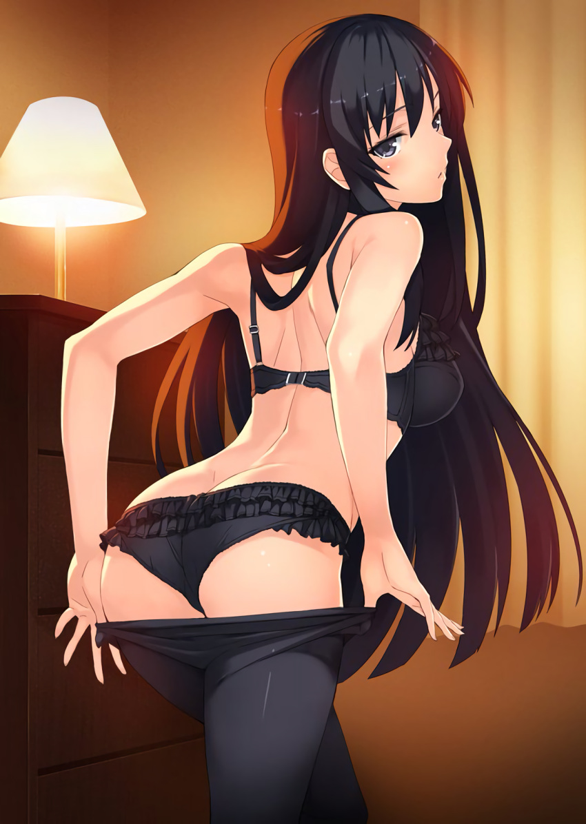 1girl, ass, back, bangs, black_bra, black_eyes, black_hair, black_legwear