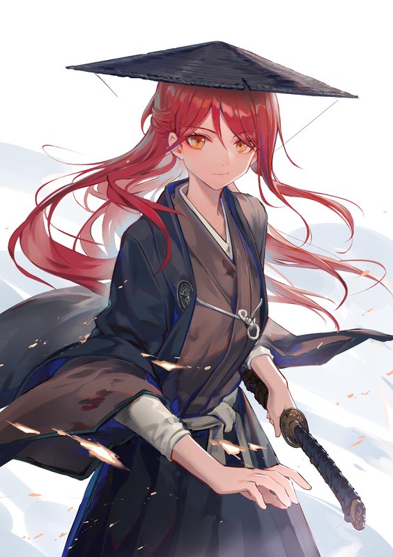 1girl, blood, blood_stain, hat, holding, holding_sword, holding_weapon, huanxiang_heitu