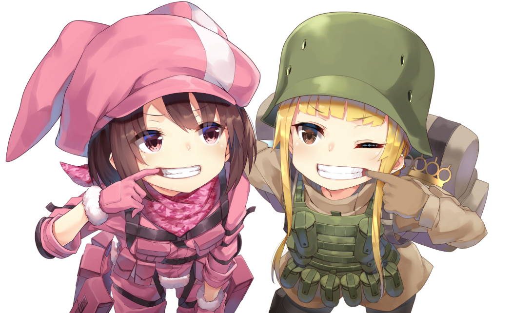 2girls, :d, ;d, animal_ears, bag, bangs, bent_over, blonde_hair