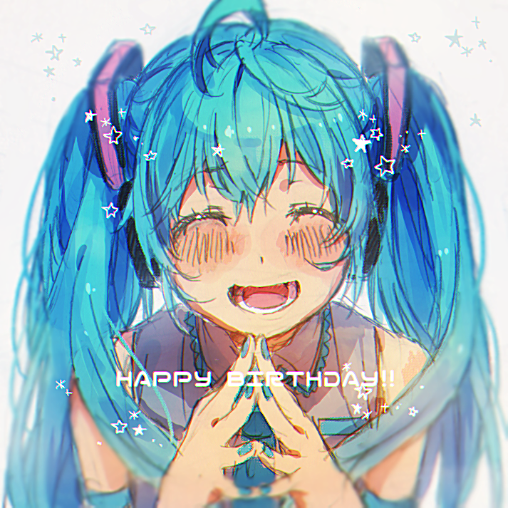 1girl, ^_^, blue_hair, blue_nails, blurry, blush, close-up, closed_eyes