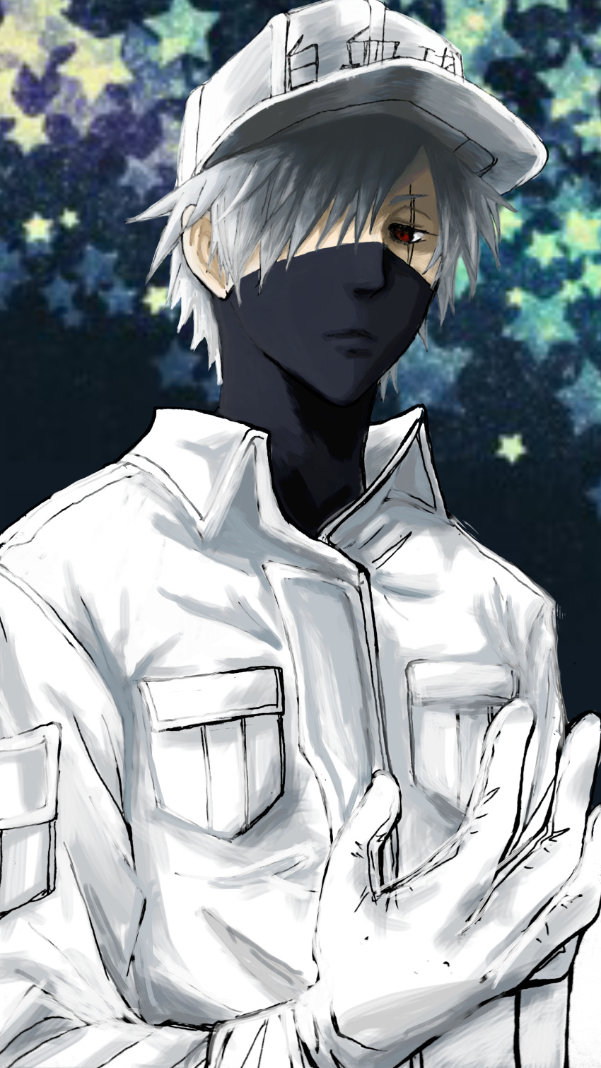 absurdres, commentary_request, cosplay, genki-nako155, gloves, hat, hatake_kakashi, hataraku_saibou