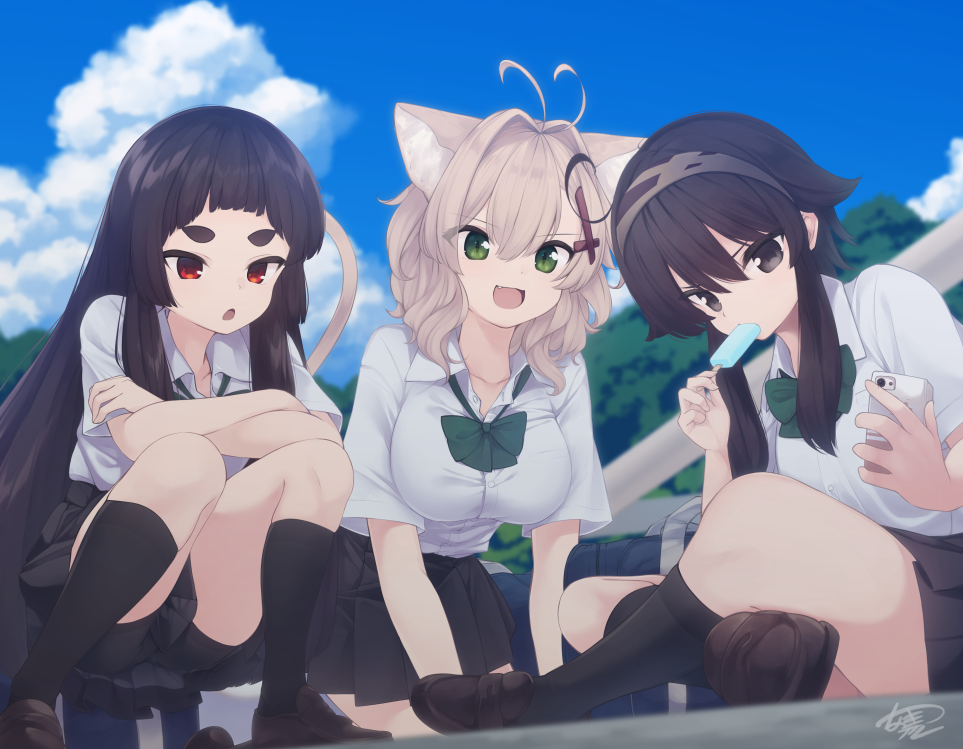 3girls, :d, ahoge, animal_ears, antenna_hair, bag, bangs, bike_shorts