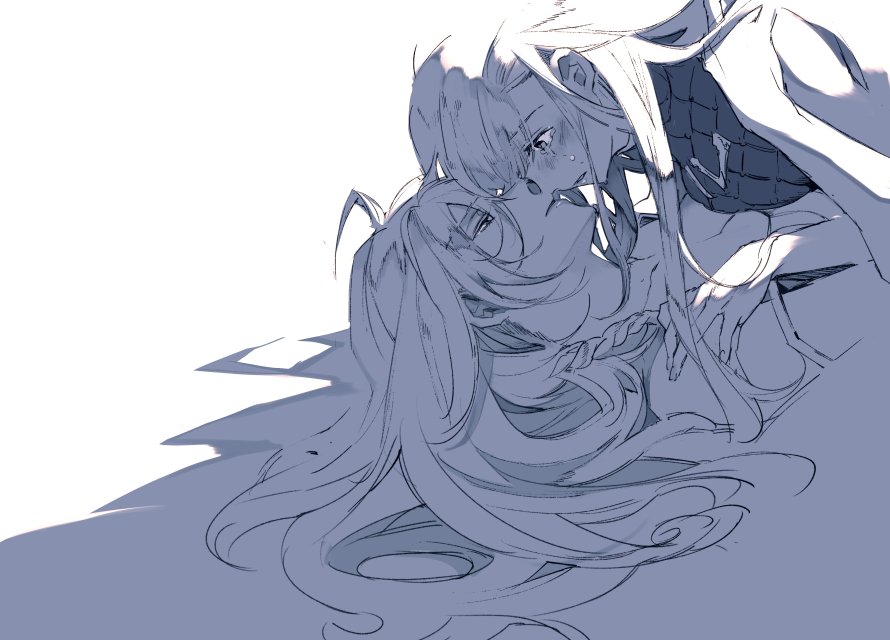 2girls, bare_shoulders, braid, granblue_fantasy, hibitono, long_hair, lying, monochrome, multiple_girls, silva_(granblue_fantasy), song_(granblue_fantasy), tears, white_background, yuri