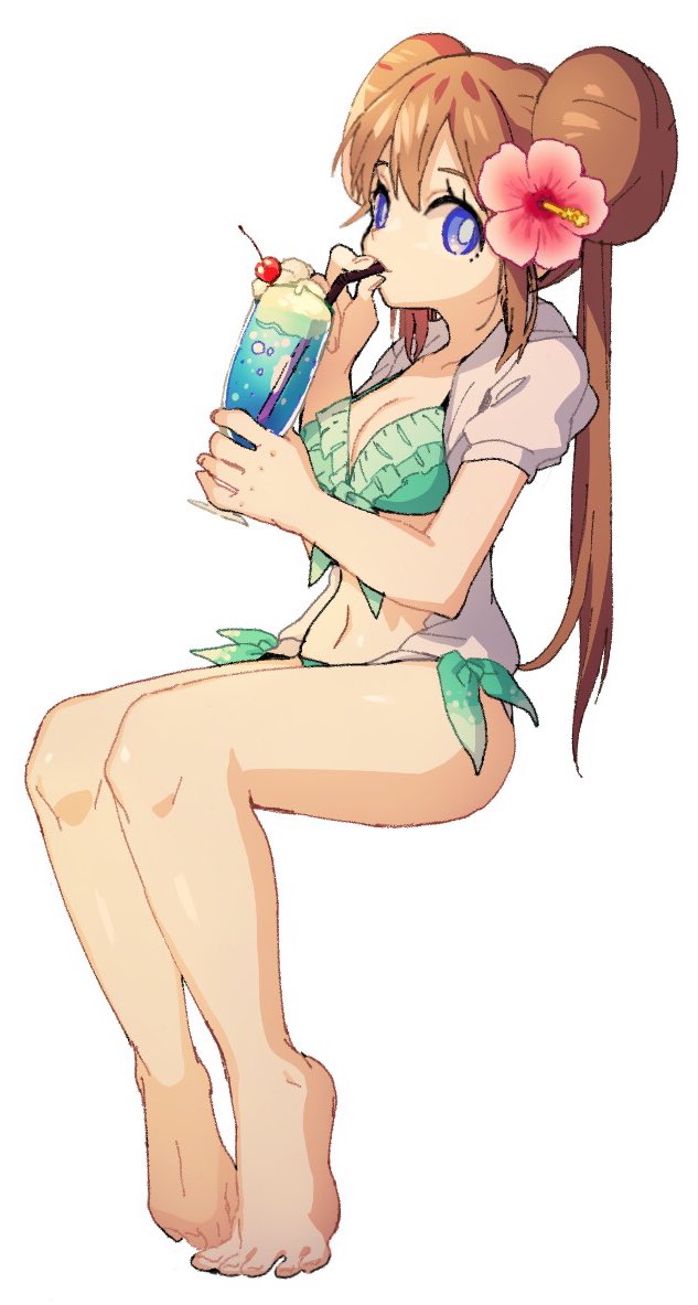 1girl, ankea_(a-ramo-do), bangs, bare_legs, barefoot, bikini, blue_bikini, blue_eyes