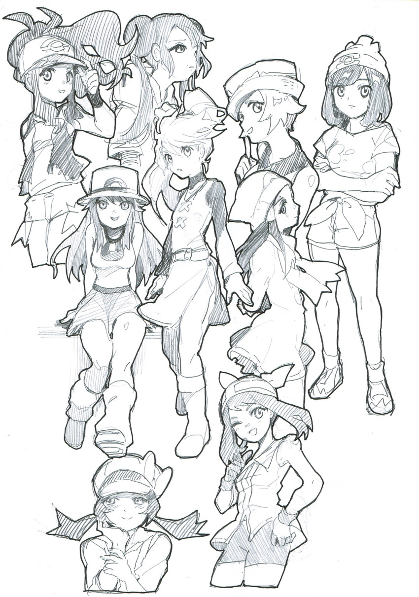 6+girls, ankea_(a-ramo-do), bandanna, bangs, baseball_cap, beanie, bike_shorts, black_vest